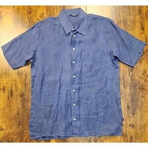 Gran Sasso Shirt Mens 54 Navy Blue 100% Linen Old Money Classic Italy
